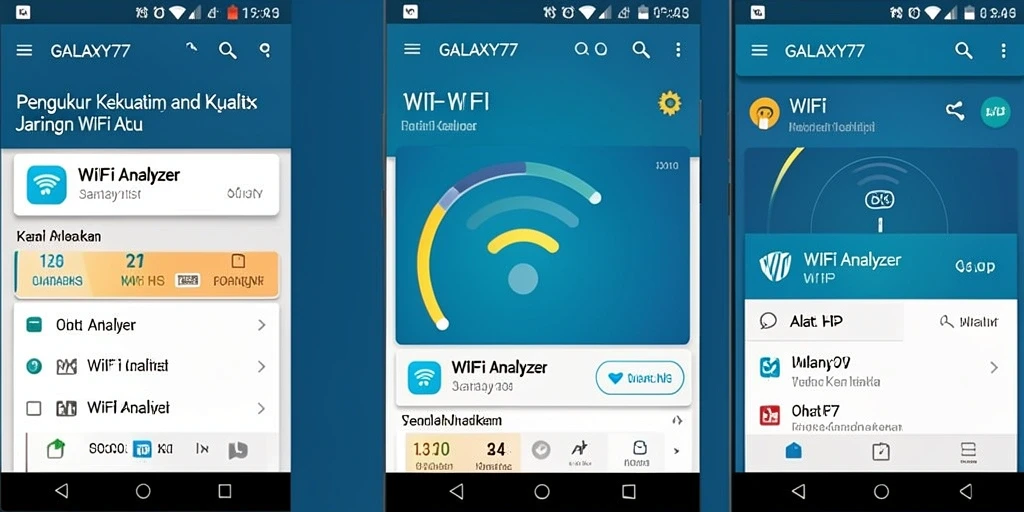 Screenshot GALAXY77 menunjukkan antarmuka WiFi Analyzer yang informatif.